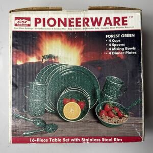 GSI Outdoors Pioneerware 16-Piece Enamelware Table Set Forest Green Camping New